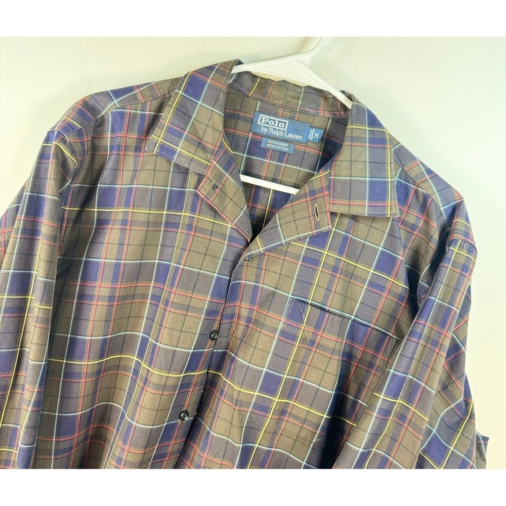 Polo Ralph Lauren Bonnard Plaid Camp Collar Shirt Mens Medium Brown Blue Cotton